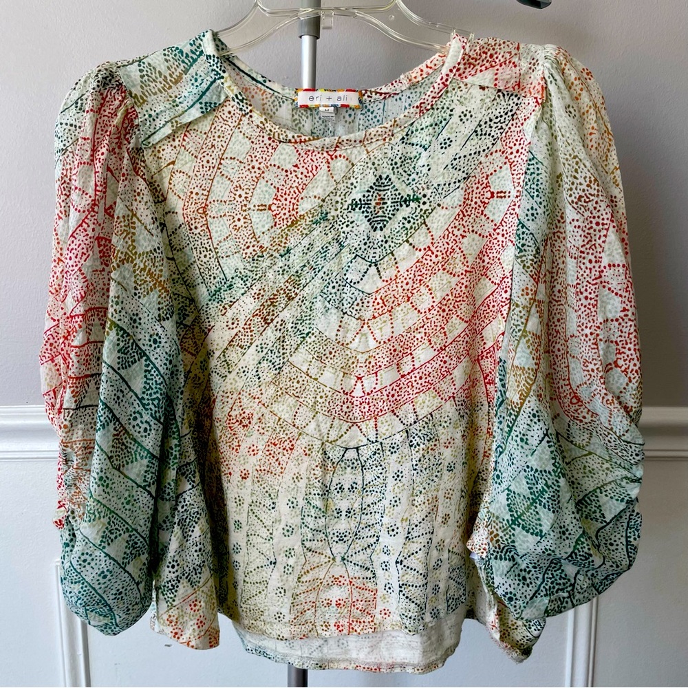 Anthropologie Eri + Ali Briony Batwing Sleeve Top Green, Orange, Blue and Ivory - Picture 5 of 16